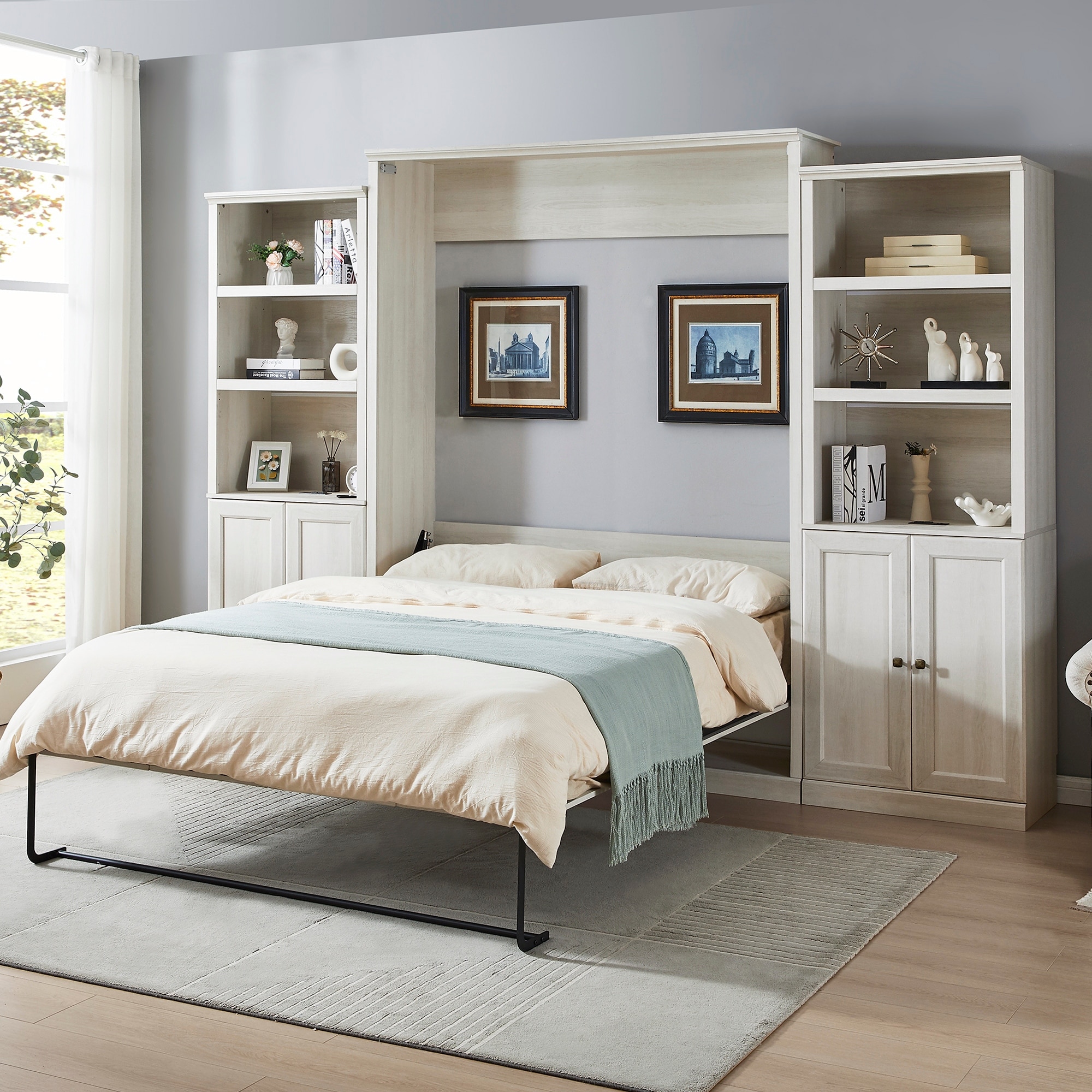 Queen Size Murphy Bed Wood Wall Bed with 2 Side Cabinet Storage Shelf Multi function Folding Cabinets