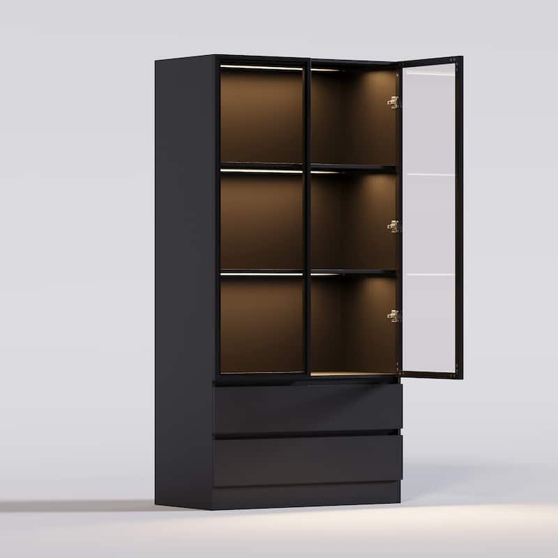 Display Storage Cabinet,Display Cabinet with Tempered Glass Doors, Showcase with 4-Tier Storage Shelves