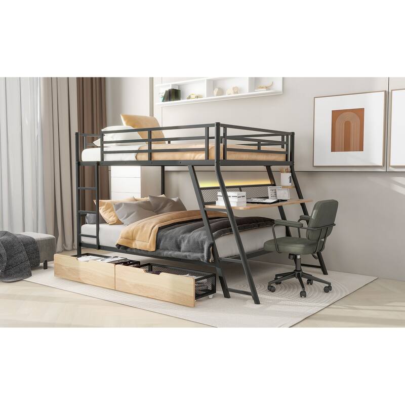 Black Full Size Bunk Bed with Desk, LED Lighting, and Two Under-Bed Drawers, Metal Frame