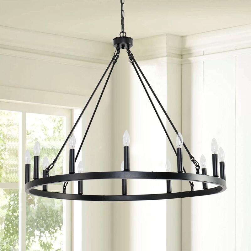 12 Lights Wagon Wheel Chandelier Black Rustic Farmhouse Chandelier - 38IN - BLACK - 38IN