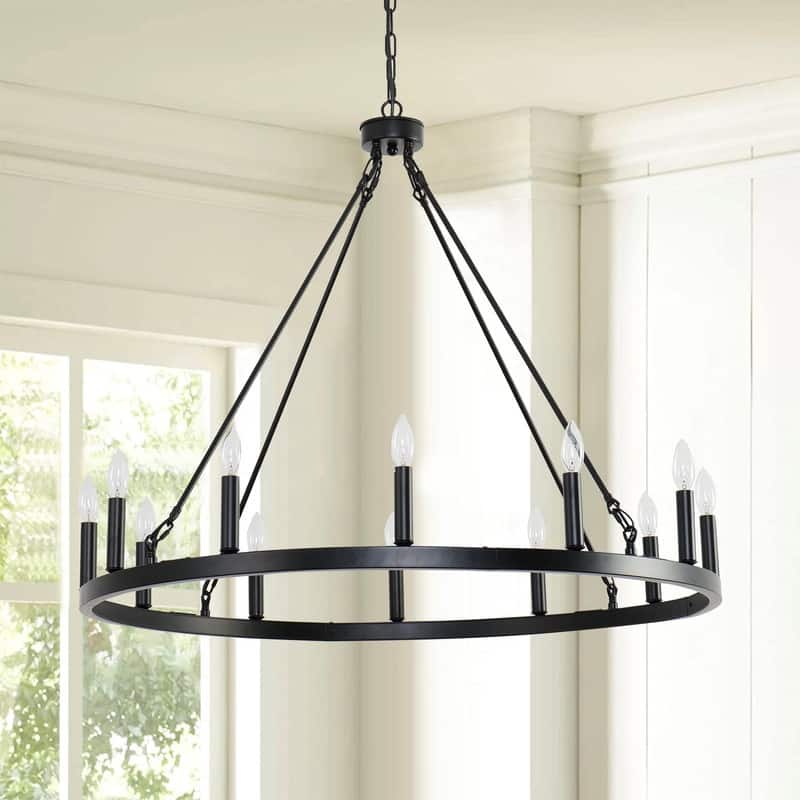 12 Lights Wagon Wheel Chandelier Black Rustic Farmhouse Chandelier - 38IN