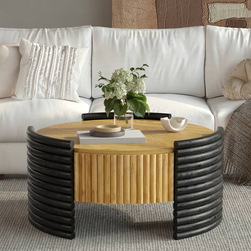 31.5" Modern Round Coffee Table Colorblocked Striped Wood Accent Table with Flip-Top, Center Table with Hidden Storage