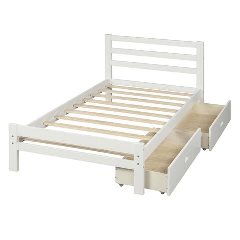 Nordic Pinewood Twin Platform Bed with 2 Side Drawers&Headboard Wood Panel Bed for Small Aprtment Dorm Bedroom