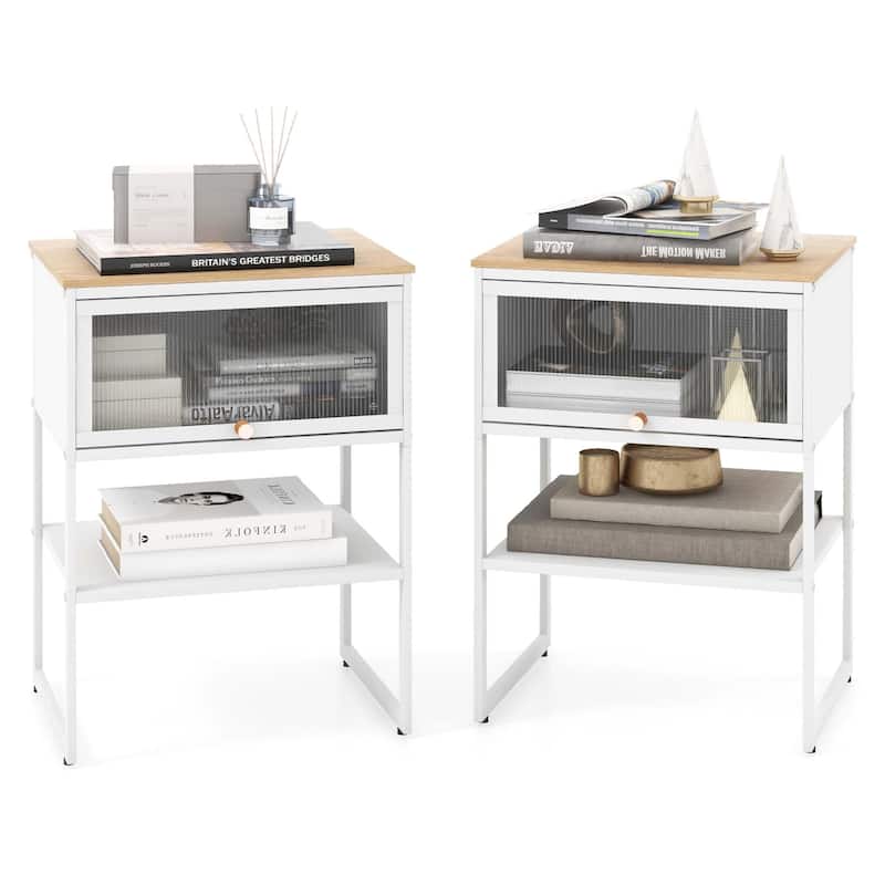 Costway 1/2 PCS Home Nightstand 3-Tier Storage Table with Open Shelf - 2-drawer