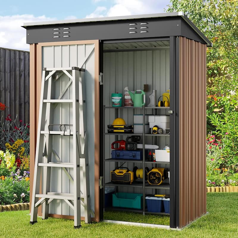 Outdoor Storage Metal Shed Garden Tool Shed with Lockable Door for Patio Furniture and Tools - Brown