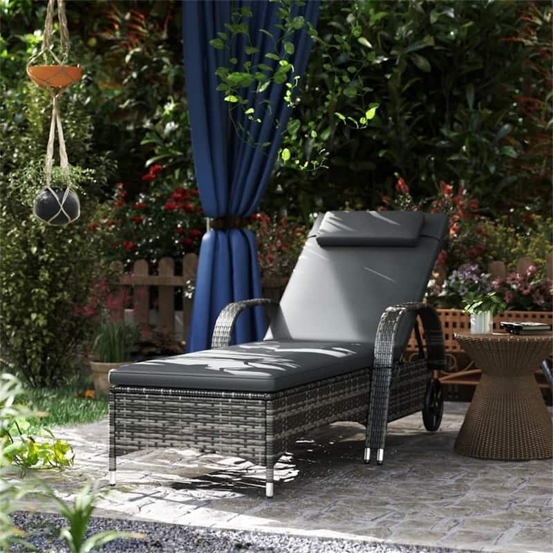 Outdoor Poolside Chaise Lounge Chair Set with Adjustable Backrest Wheels Thick Cushions Steel Rattan Patio Garden Furniture