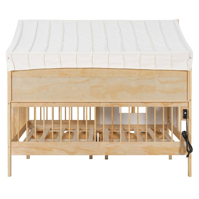 Full Size House Bed with 2 Drawers, Side Bookshelf with LED Strip