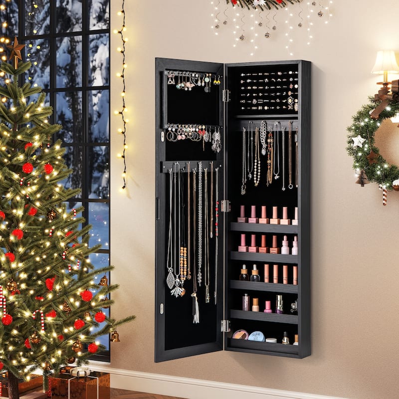 Wall Mounted or Door Hanging Jewelry Cabinet with Full Length Mirror and Large Storage Organizer Black - 12.5” x 3.7” x 42”