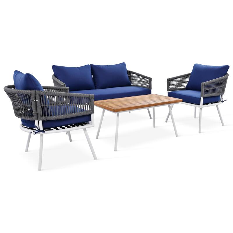 Outdoor 4-Piece Rope Conversation Sofa Set with Acacia Cool Bar Table & Armchairs