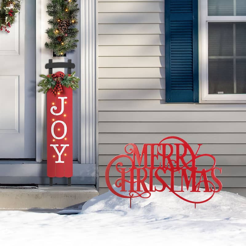 Glitzhome Metal MERRY CHRISTMAS or Cardinal JOY& NOEL with Bell Yard Stake Wall Decor