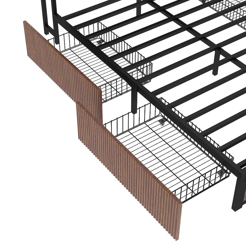 Queen Size Wooden Platform Storage Bed Frame with Drawers, USB Socket, and Brown Wood Finish