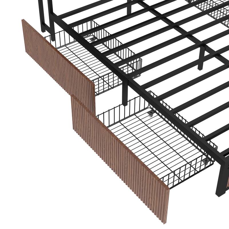 Vertical Fluted Design Low Profile Platform Bed Queen Size Storage Bed Frame with 4 Drawers, USB Ports and Storage Headboard