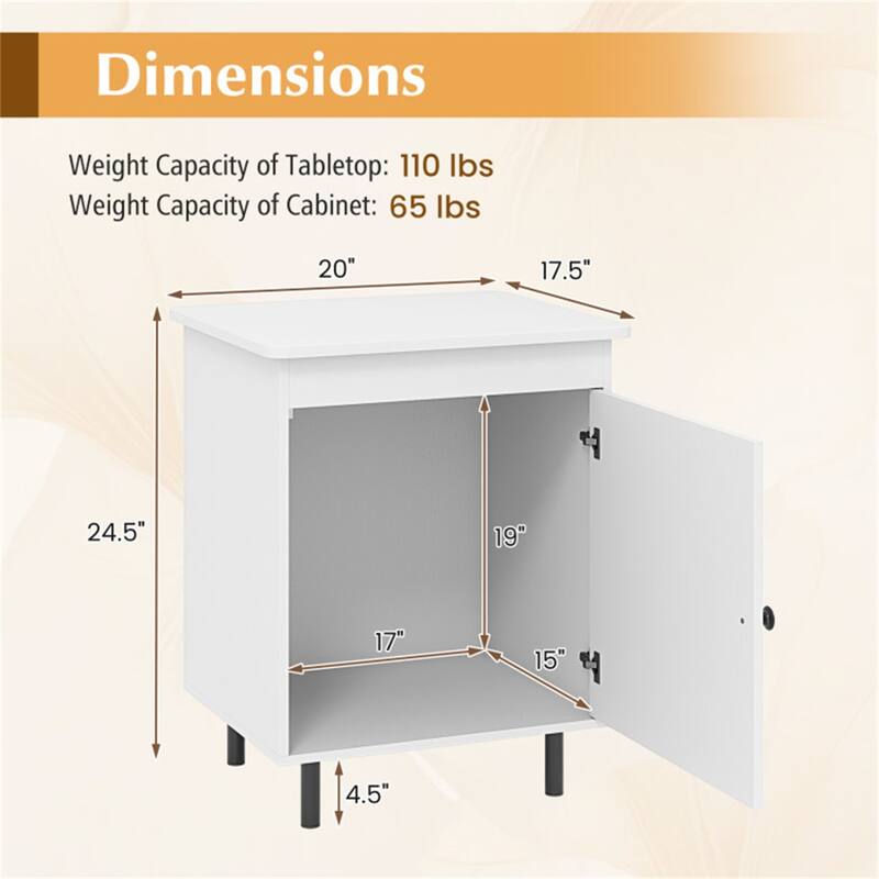 White Engineered Wood End Table with Cabinet Storage and Metal Legs Set of 2