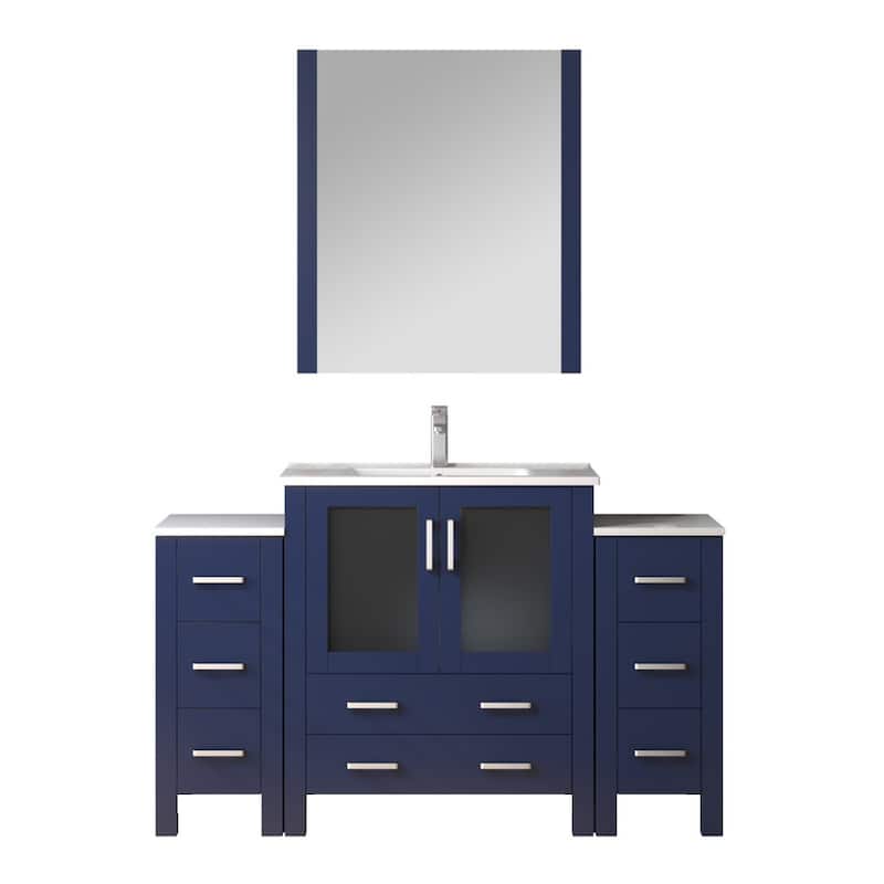 Volez Bath Vanity with Side Cabinets, Ceramic Top, Sink Mirror & Faucet - 54 inch - Navy Blue