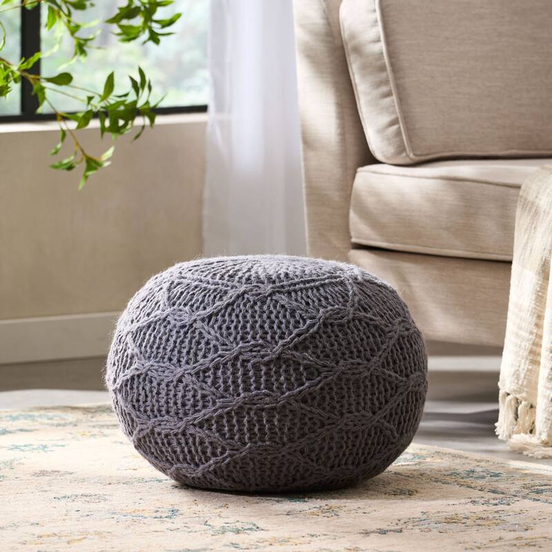 Oaks Aura Knitted Wool Cotton 20 x 20 Round Pouf, Modern Farmhouse Handcrafted Design Ottoman