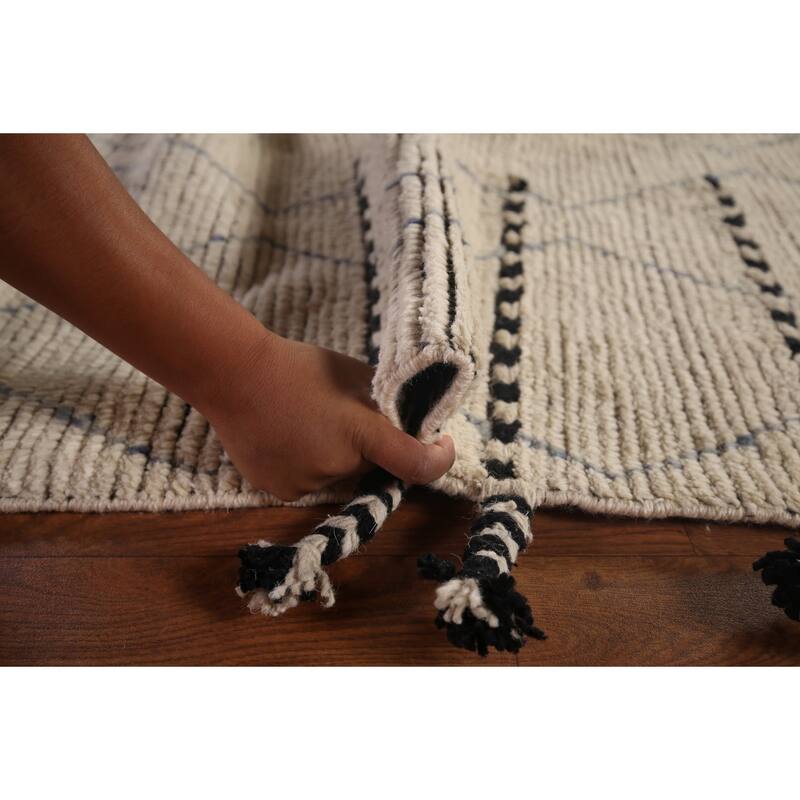 All-Over Ivory Moroccan Oriental Area Rug Handmade Wool Carpet - 8'8"x 12'11"