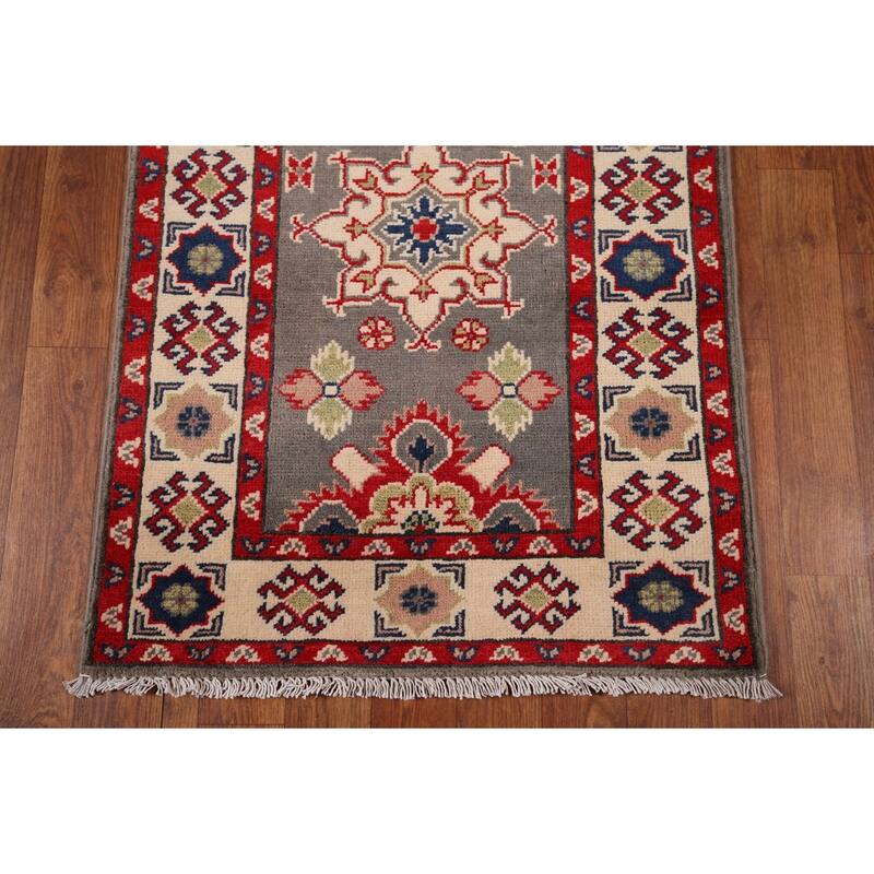 Geometric Kazak Runner Rug Hand-Knotted Oriental Grey Wool Carpet - 2'2" x 19'2"