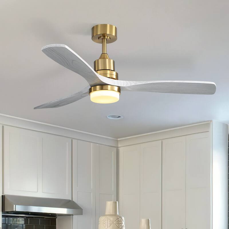 Sofucor 52" Modern Farmhouse Ceiling Fan With Light and Remote Solid Wood & 3 Blades - 52 Inches - Gold with Washed White