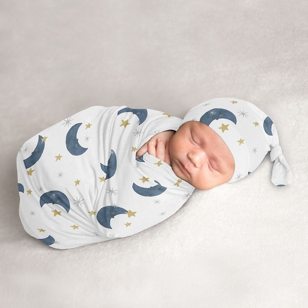 slide 2 of 6, Moon and Star Boy or Girl Baby Cocoon and Beanie Hat Sleep Sack - 2pc Set - Navy Blue Gold Watercolor Celestial Gender Neutral