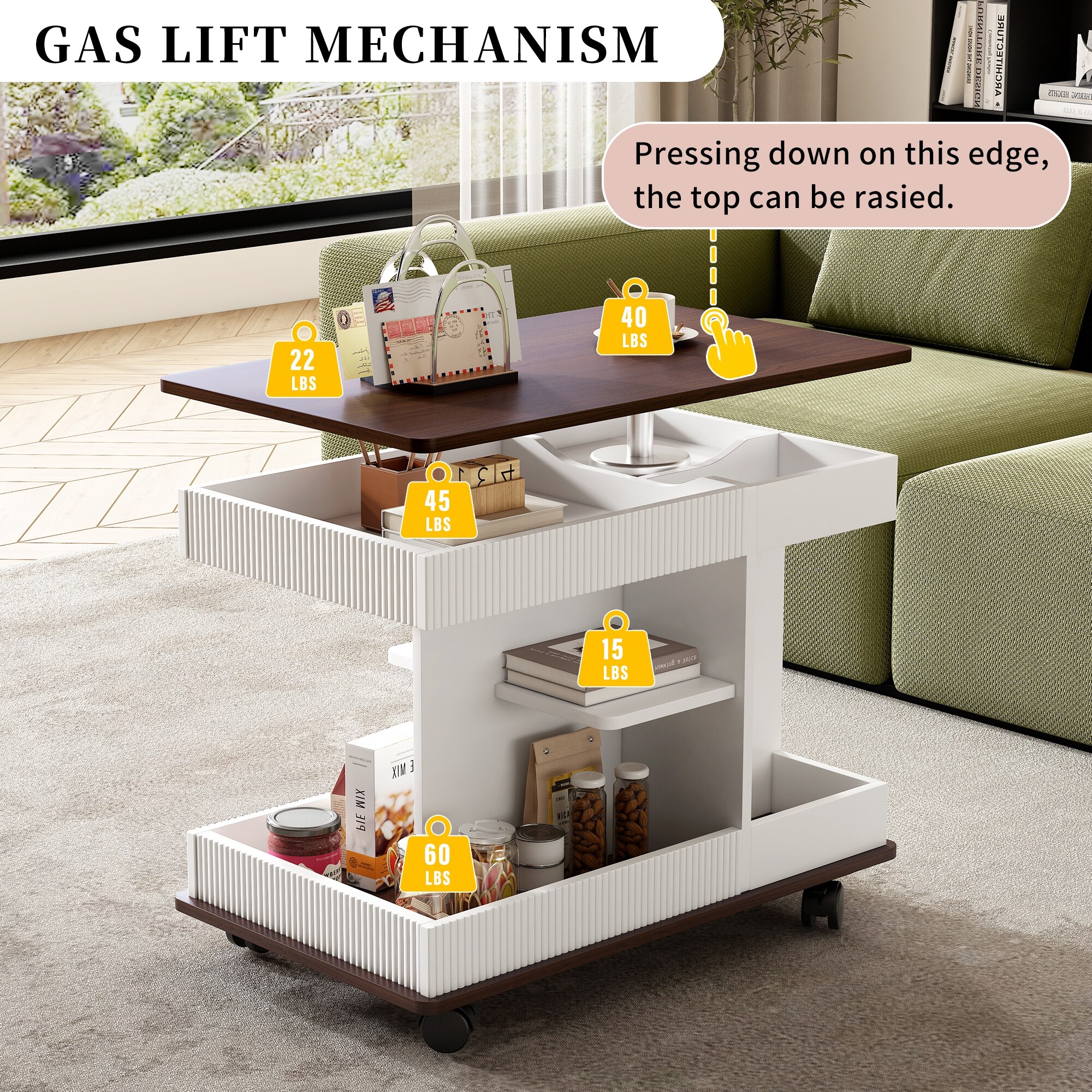Lift Top End Table with Wheels and Storage for Small Spaces - 22.6