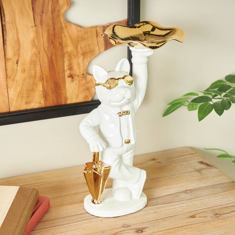 Black or White Ceramic Bulldog Sculpture with Gold Accents - White