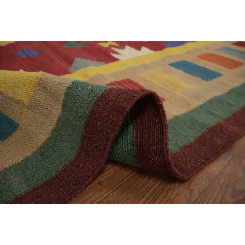 Hand Woven Oriental 100% Wool Carpet Southwestern Tribal Red Kilim Area Rug - 9' 10'' X 8' 3''