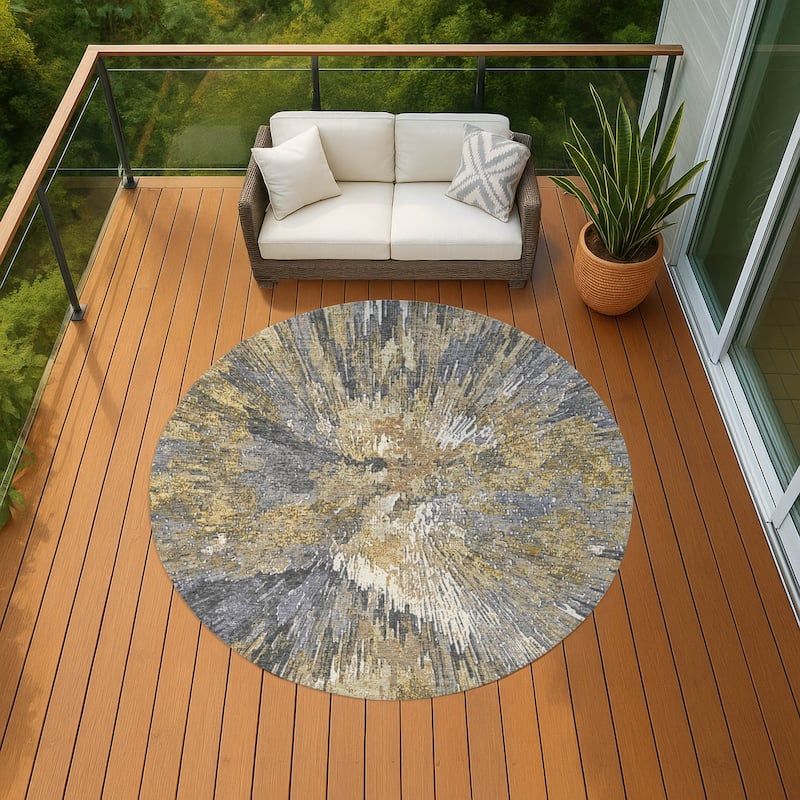 Machine Washable Indoor/ Outdoor Abstract Burst Chantille Rug - Gold - 8' x 8'
