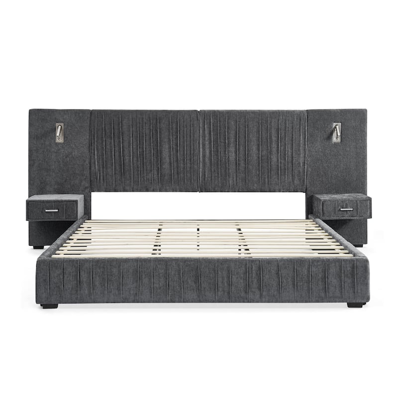 Pleating Upholstered Bed Platform Bed Frame with Enlarged Widened Headboard and Integrated Bedside Table Adjustable Bedside Lamp