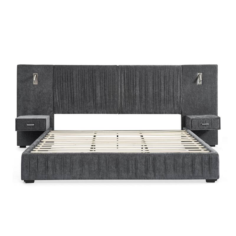 Roomfitters King Upholstered Chenille Platform Bed with Pleated Headboard and Built-In Bedside Tables, Solid Frame
