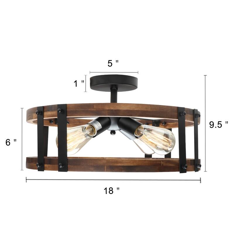Anmytek Farmhouse 4-Light Wood Drum Semi-Flush Mount Ceiling Light for Entryway - Brown