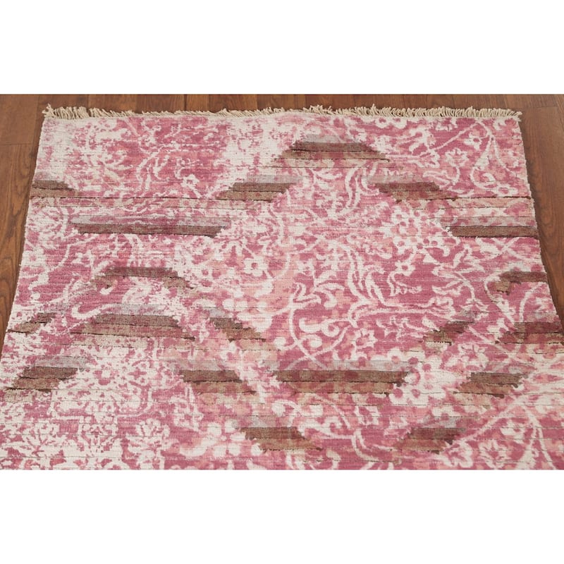 Abstract Oriental Accent Rug Handmade Pink Wool Carpet - 2'8"x 4'10"