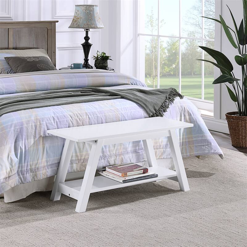 Solid Wood Bench with Shelf, 36.10-Inch Long, White