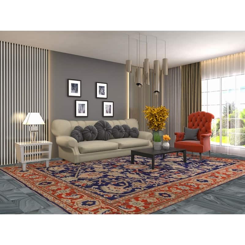 Heriz Serapi Indian Area Rug Hand-Knotted Blue Oriental Wool Carpet - 8'10" x 11'9"