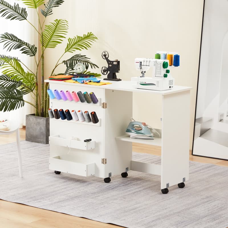 Erommy 45.5" W x 23.6" D Sewing Table featuring a Storage Shelf, Versatile Adjustable Sewing Machine Desk with Storage Bags - White - Roller