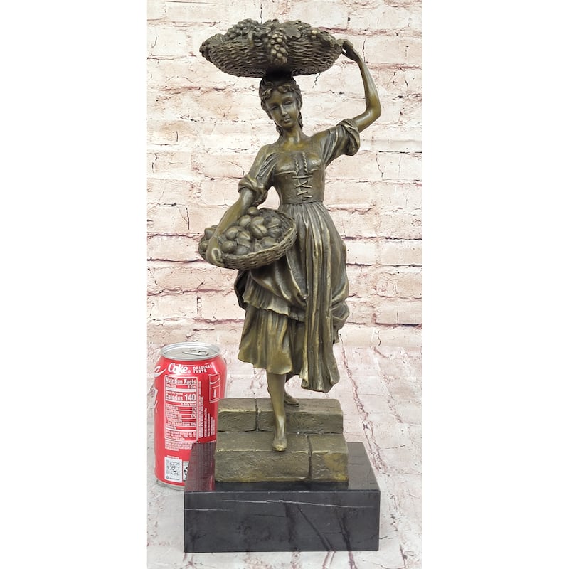 Girl Carrying Basket Of Fruit - Hot Cast Bronze Original Sculpture On Marble Base