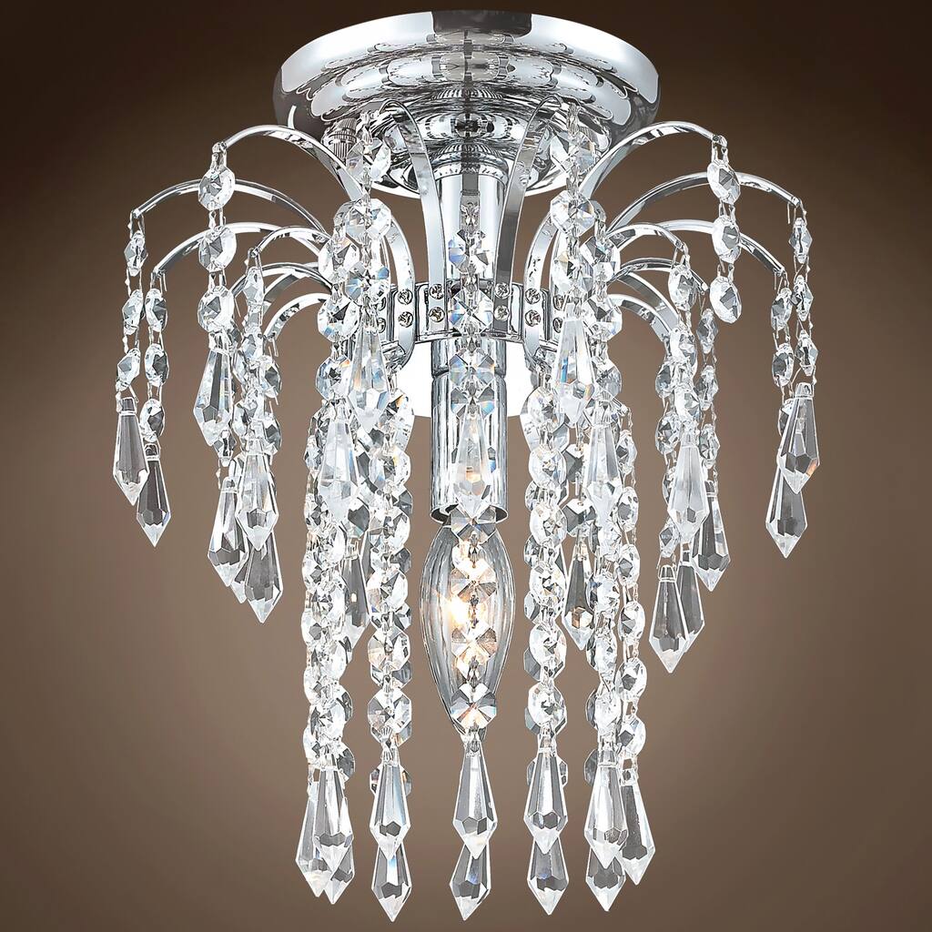 Waterfall Design 1 Light 9" Chrome Flush Mount With Clear Swarovski Crystals - 11.00