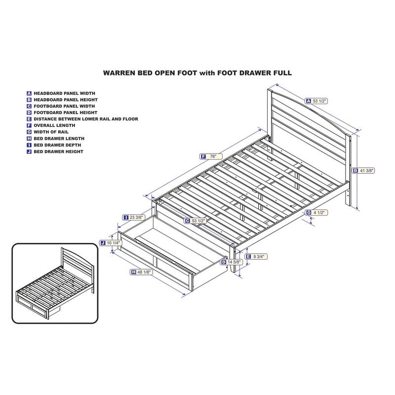 Full Size Bed with Drawer - HomeStock Walnut Wood Platform Bed Frame - Traditional Design - Slat Support - 76"L x 53.5"W
