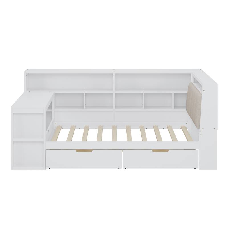 Wood Daybed L-shaped Bookcase Bed with Under-Bed Drawers and Side Bookshelf, Platform Daybed with Desk and Padded Headboard