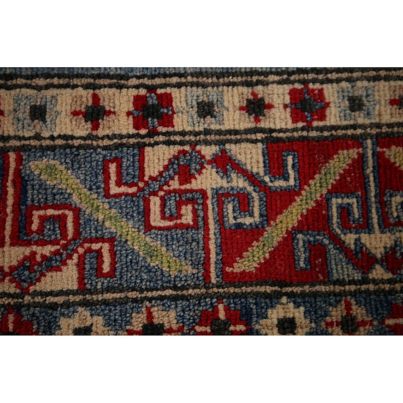 Geometric Blue Kazak Oriental Area Rug Handmade Wool Carpet - 4'3" x 5'11"