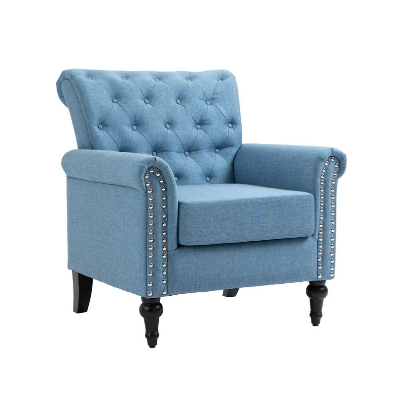 Linen Armchair w/Tufted Back/Wood Legs