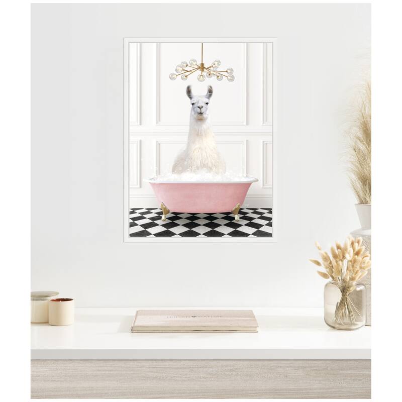 Kate and Laurel Sylvie Llama in Pink Bathtub on Checker Floor Framed Canvas by Amy Peterson