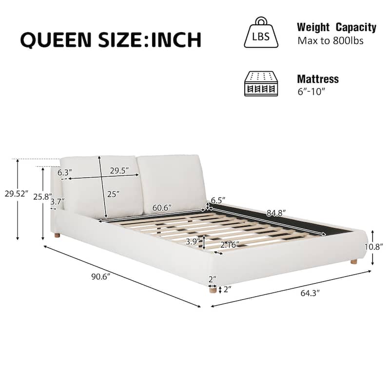 Boucle Fabric Upholstered Platform Bed with Two Removable Pillow Headboard