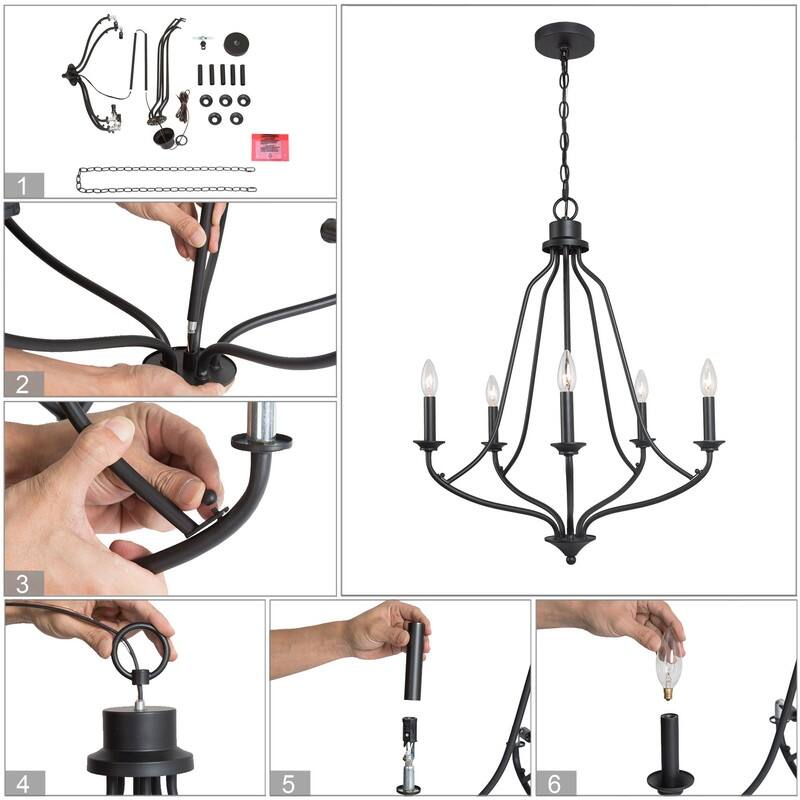 Regan Modern Farmhouse 5-light Black Metal Chandelier French Country Candle Arms Dining Room Lighting - D24"x H88.5"