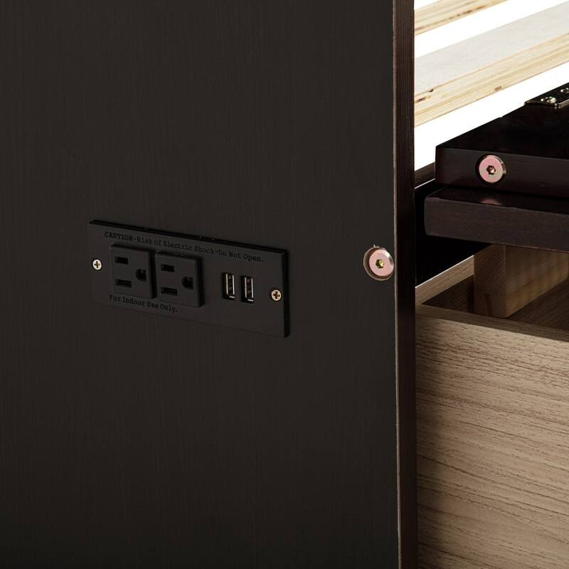 Murphy Bed Cabinet with Large Storage Drawer, Wood Hideaway Wall Bed Frame with USB Ports, Rattan Decoration Panel