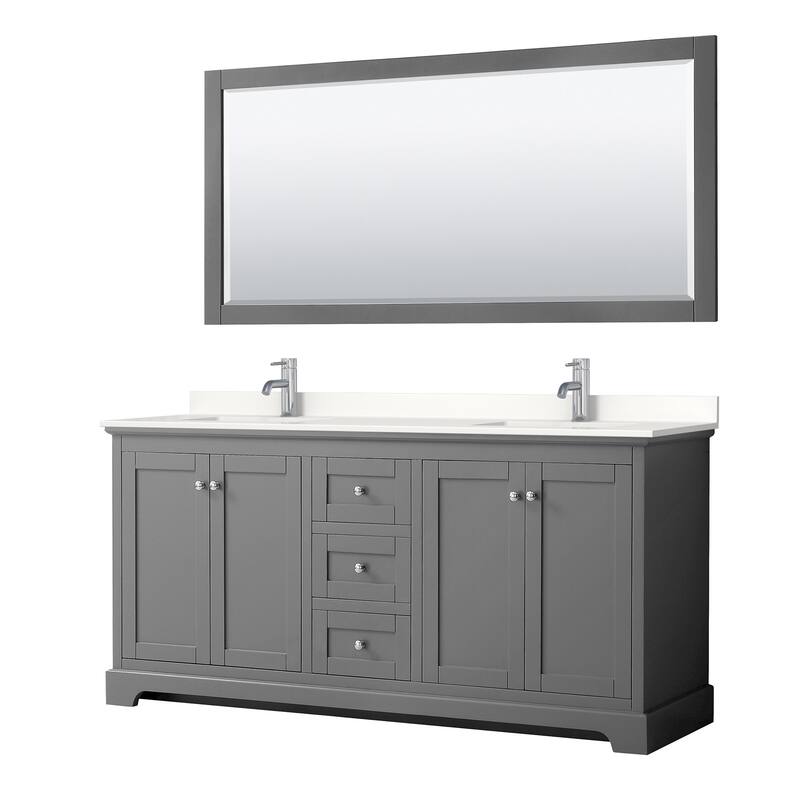 Avery 72-inch Double Vanity, Quartz Top, 70-inch Mirror - Dark Gray, Chrome Trim, White Quartz Top