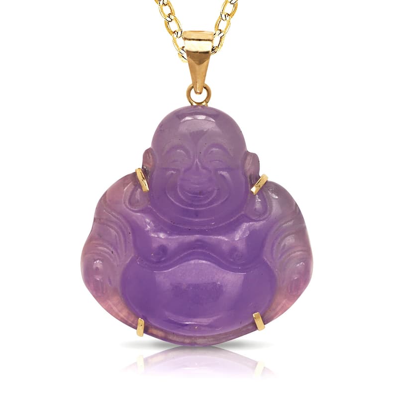Curata 14k Yellow Gold 18" 24x30mm Carved Jade/Onyx Laughing Buddha Necklace