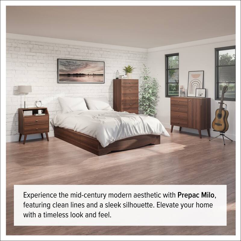 Prepac Milo Mid-Century Modern 2 Drawer Nightstand, Bedside Table, Contemporary Bedroom Furniture