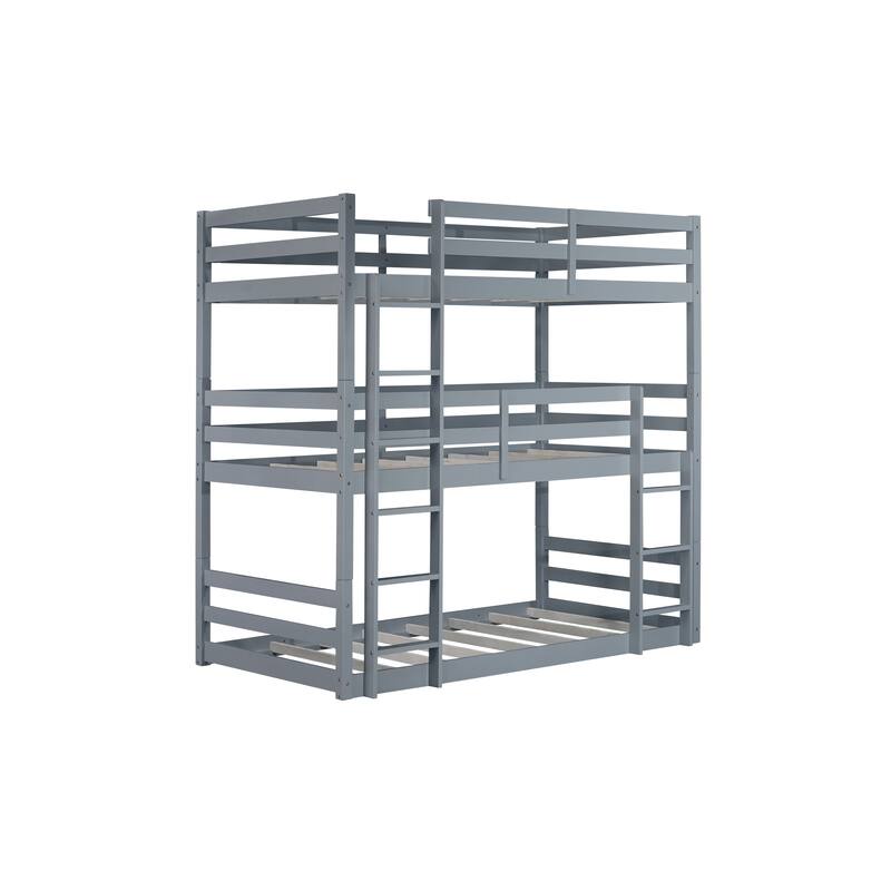 Space-Saving Triple Twin Bunk Bed, Rubber Wood Construction, Detachable into Three Beds, with Guardrails