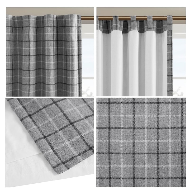 Plaid Faux Leather Tab Top Curtain Panel with Fleece Lining - Multi-Color
