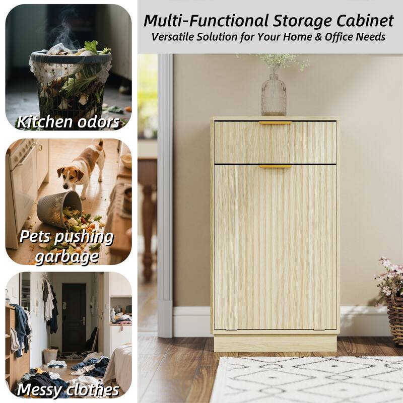 10-Gallon Woodgrain Tilt-Out Trash Can Cabinet with Wave-Textured Drawer & Pull-Out Bin - Multipurpose Kitchen/Bath Organizer